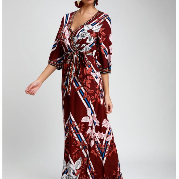 Lulu's Red Maxi Gown with Dolman Sleeves and V-Neck - Picture 1 of 7